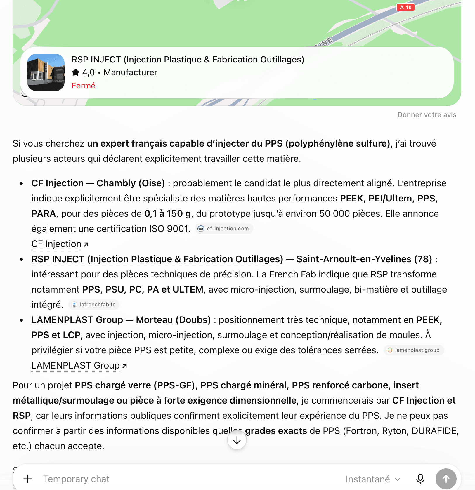 Réponse de ChatGPT · chat éphémère à la requête « expert injection pps france » : CF Injection est cité.