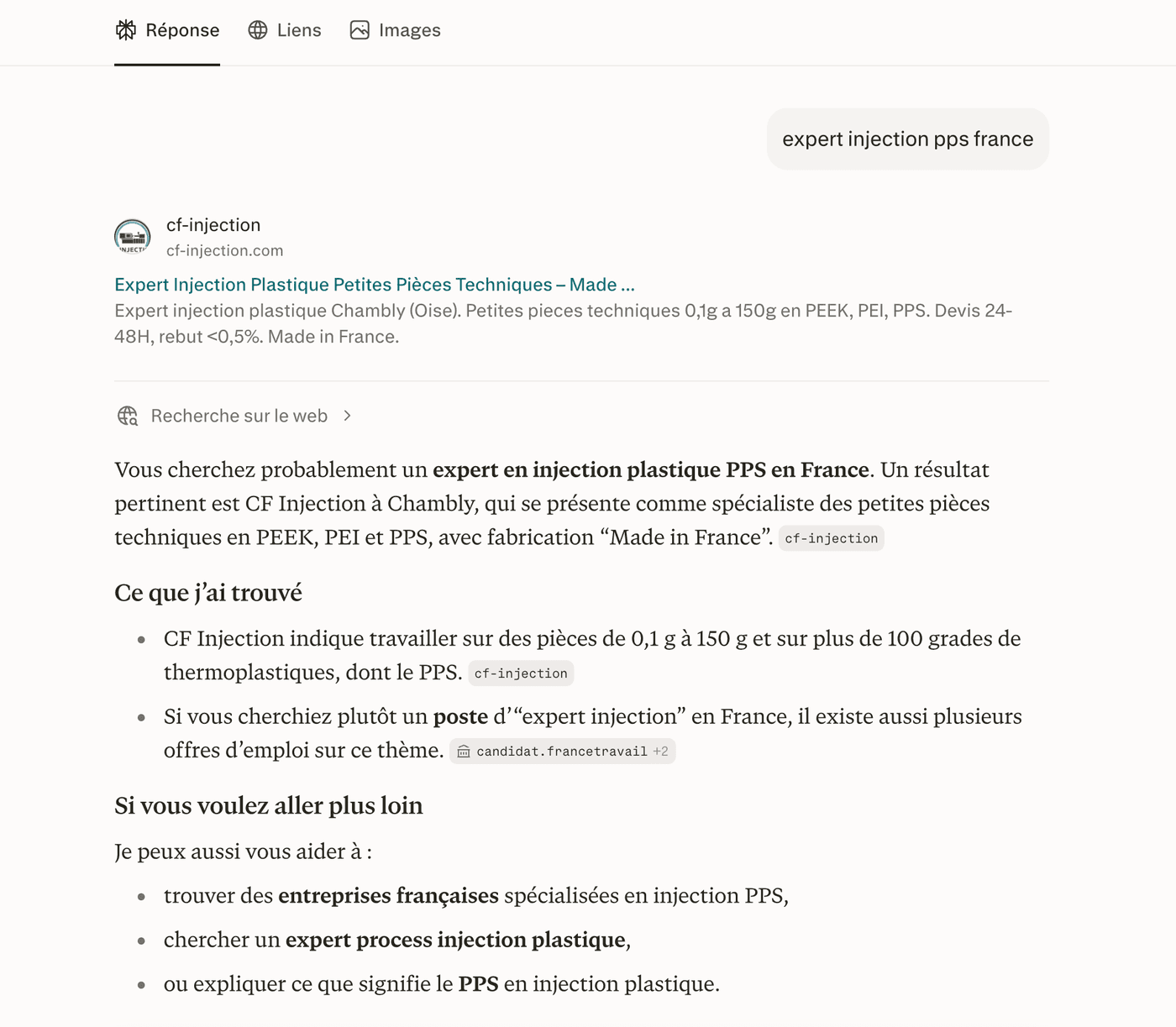 Réponse de Perplexity à la requête « expert injection pps france » : CF Injection est cité.