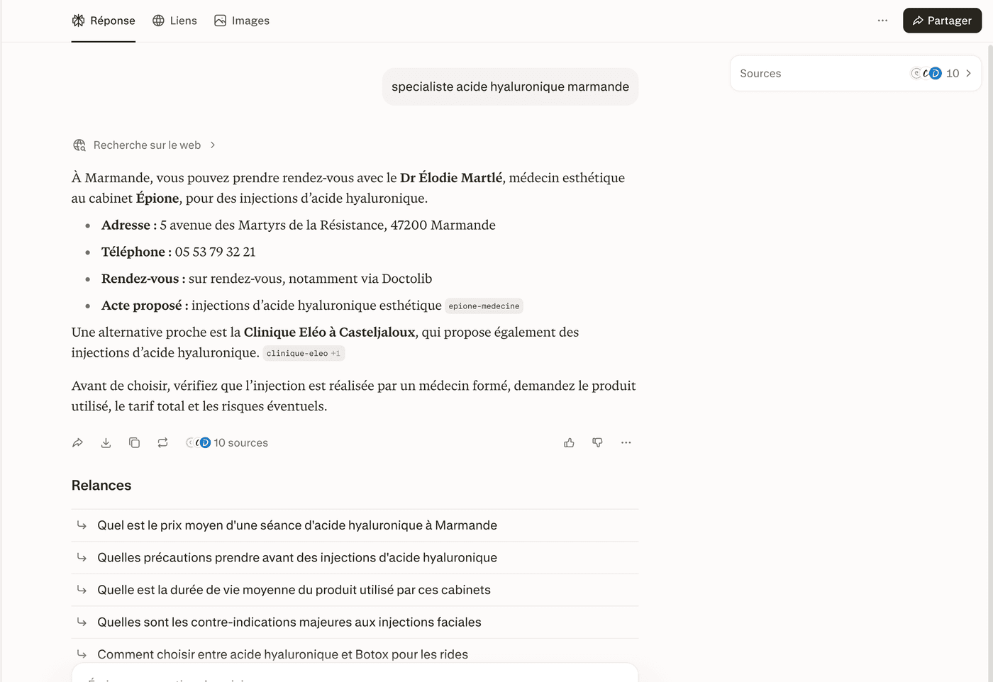 Réponse de Perplexity à la requête « specialiste acide hyaluronique marmande » : Cabinet Épione est cité.